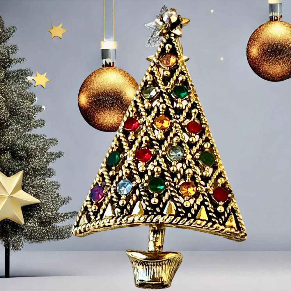 HOLLYCRAFT Vintage Christmas Tree Brooch Pin Multi-Color Rhinestones Signed